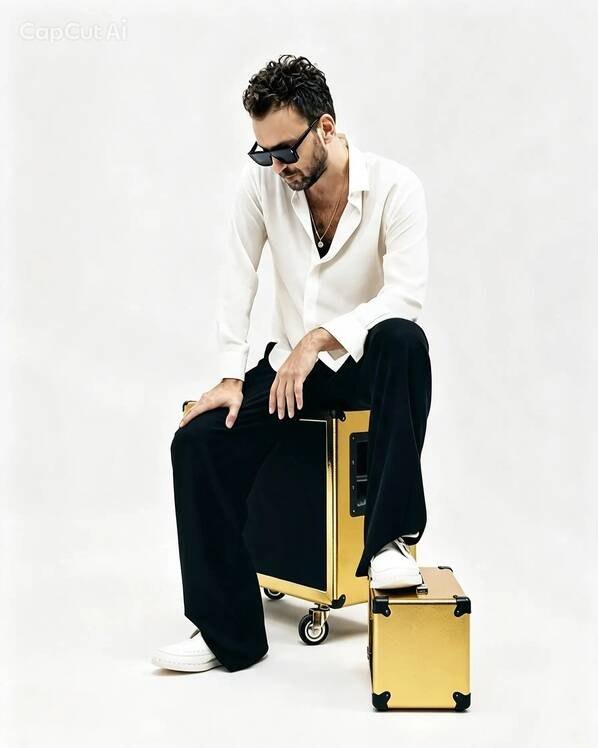 Cesare Cremonini seduto con occhiali scuri su due flight case gialli a ruote, camicia bianca e pantaloni neri, sfondo chiaro