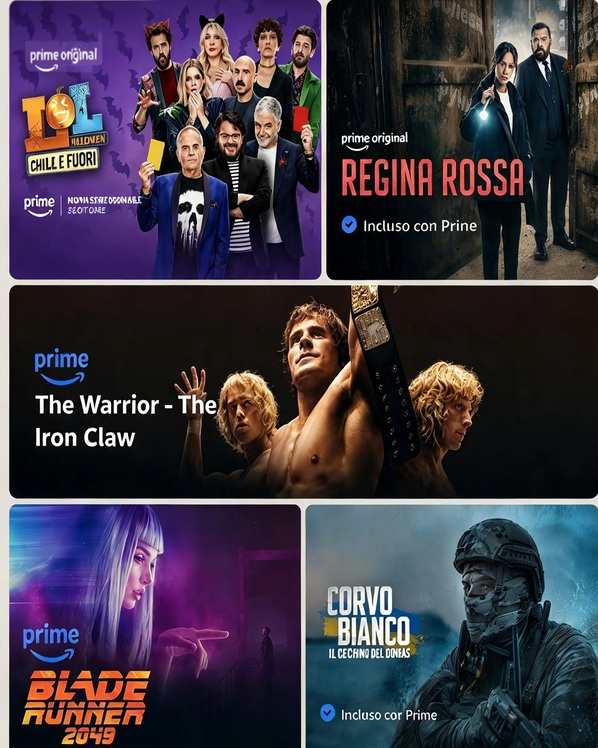 Locandine di film e serie Prime Video tra cui LOL, Regina Rossa, The Iron Claw, Blade Runner 2049 e Corvo Bianco per ottobre