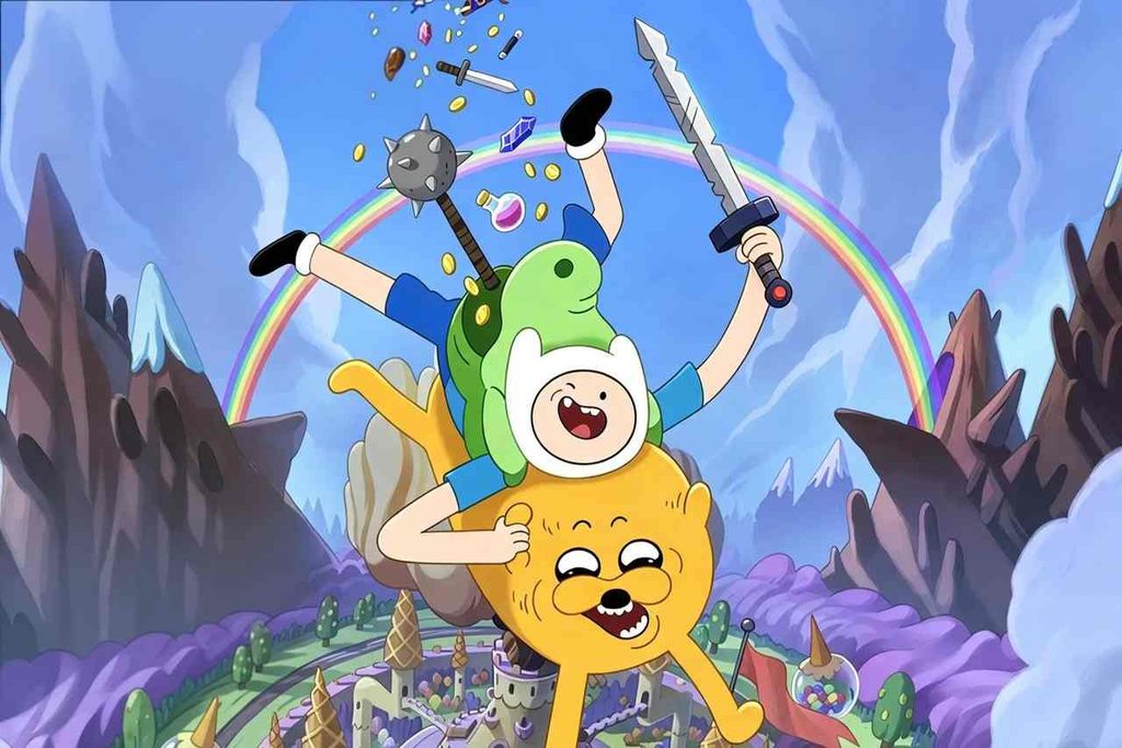 Finn e Jake di Adventure Time volano felici sopra il Regno di Dolcelandia in questa immagine di Adventure Time: Missioni