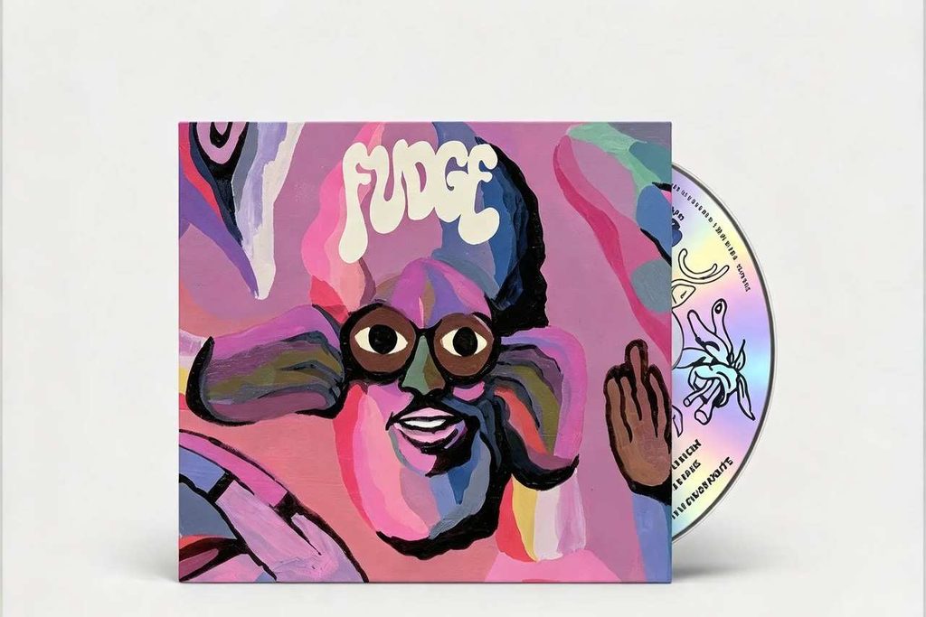Copertina colorata dell'album FUDGE con illustrazione rosa e viola di un volto sorridente con occhiali e baffi stilizzati