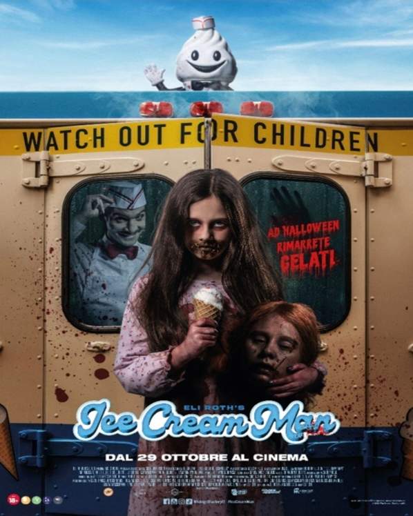 Bambina sporca di sangue che tiene un gelato davanti a un furgone giallo con la scritta "WATCH OUT FOR CHILDREN", logo Ice