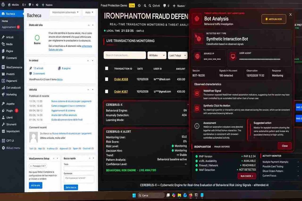 Schermata scura di dashboard IronPhantom Fraud Defense con pannelli rossi e neri: monitoraggio transazioni live, dettagli