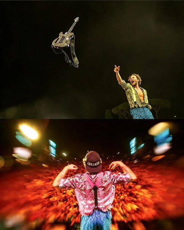 Jovanotti sul palco in due momenti: mentre lancia la chitarra e di spalle davanti a una folla in un intenso lato intimo