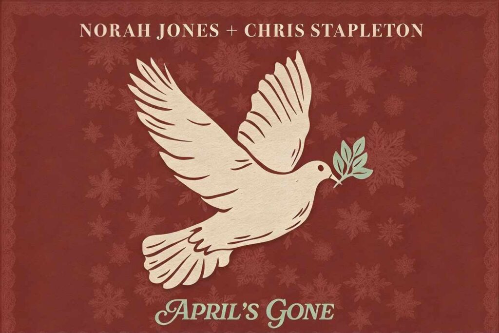 Copertina del brano natalizio April's Gone di Norah Jones e Chris Stapleton con una colomba bianca su sfondo rosso a fiocchi