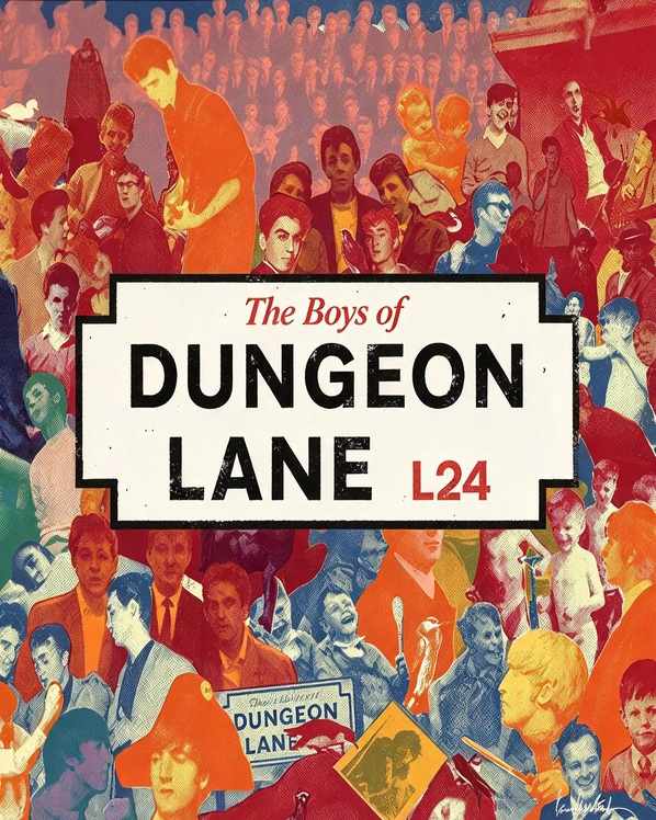 Copertina dell'album The Boys of Dungeon Lane di Paul McCartney con un collage di volti su sfondo rosso e arancione