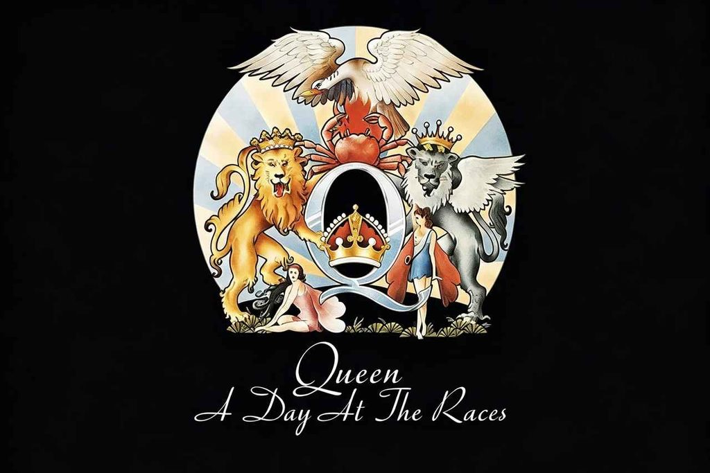 Sfondo nero con il logo dei Queen: leoni e aquila intorno a una corona e la scritta bianca "Queen A Day At The Races