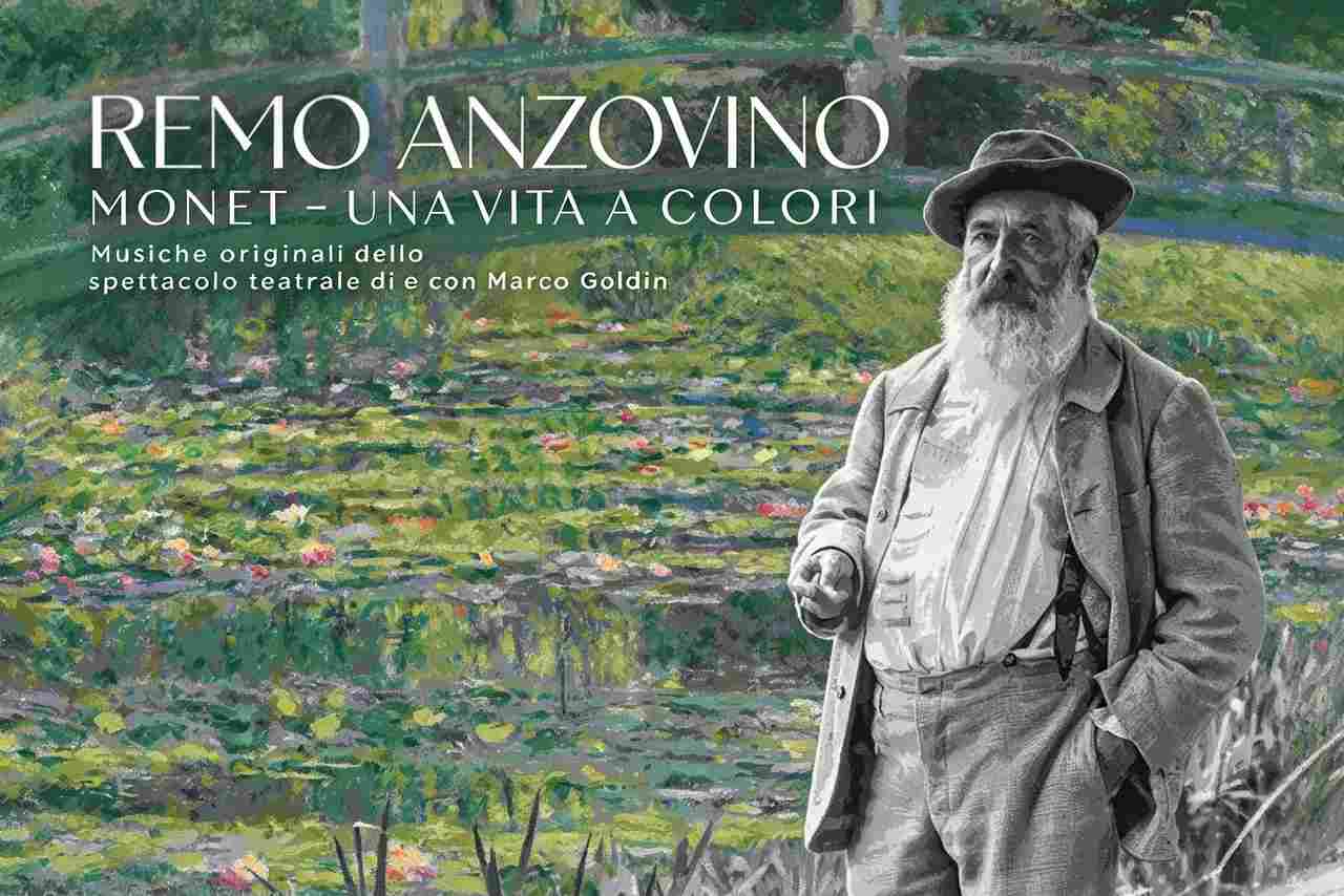 Ritratto in bianco e nero di Claude Monet sovrapposto al dipinto delle ninfee con il titolo dell'album di Remo Anzovino