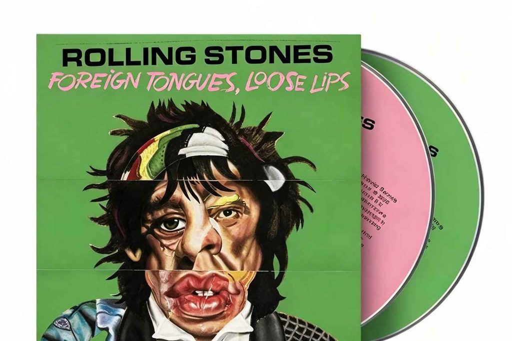 Copertina verde con titolo ROLLING STONES e sottotitolo FOREIGN TONGUES, LOOSE LIPS sopra un ritratto caricaturale di Mick