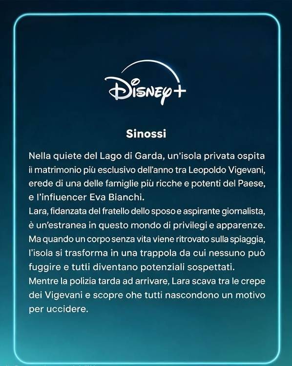 Sinossi della serie originale Disney+ Delitto sul Lago di Garda con il testo del riassunto della trama su sfondo blu