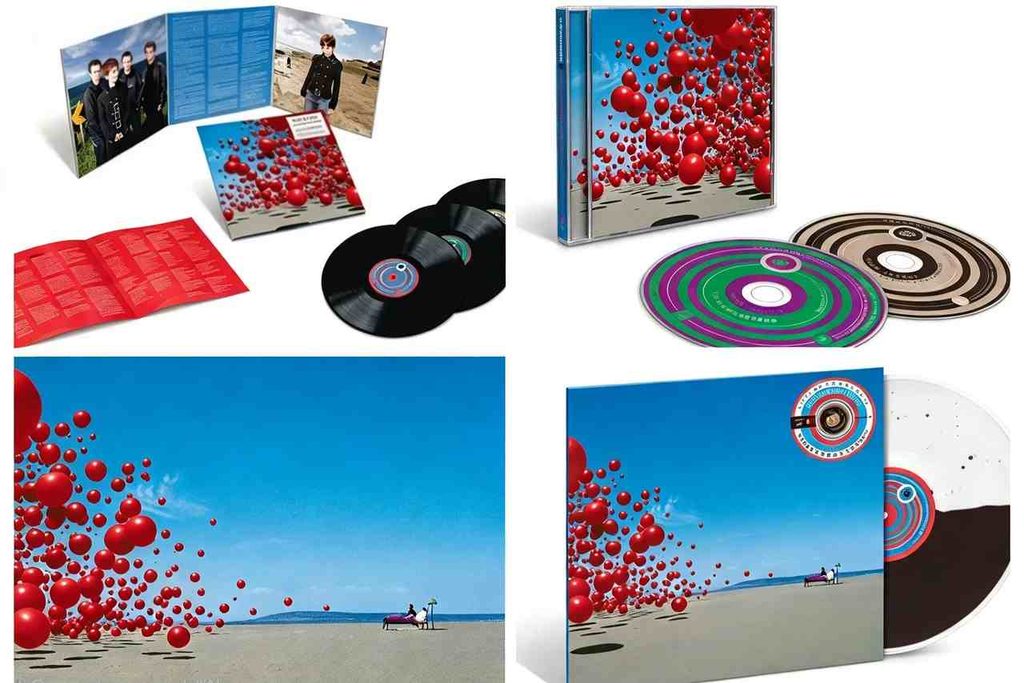 Copertine ed edizioni dell'album Wake Up and Smell the Coffee dei The Cranberries con palloni rossi su spiaggia, vinili e CD