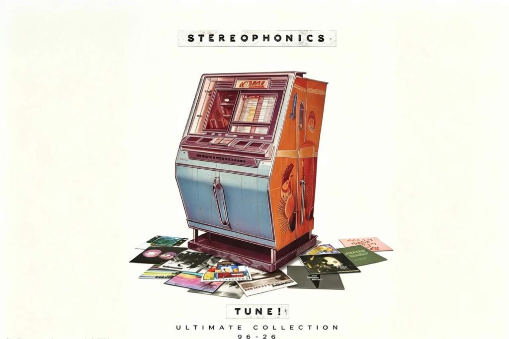 Copertina della raccolta Stereophonics Tune! Ultimate Collection 96-26 con un jukebox circondato da vari album della band