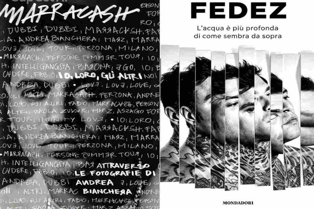 Copertine dei libri di Marracash e Fedez, con ritratti dei cantanti e i titoli dei loro volumi in bianco e nero