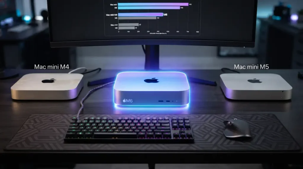 Scrivania con tre Mac mini: Mac mini M4 a sinistra, Mac mini M6 illuminato di blu al centro con logo Apple e scritta "M6"