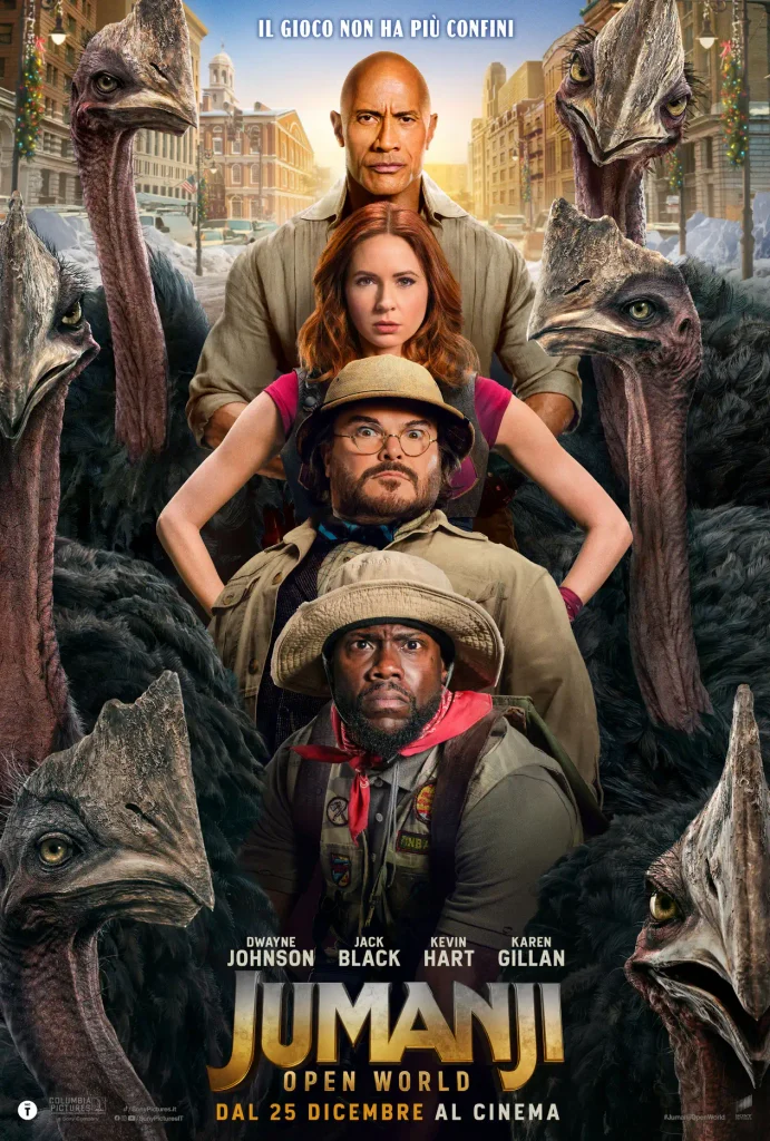 Dwayne Johnson, Jack Black, Karen Gillan e Kevin Hart in verticale, schierati uno dietro l'altro tra struzzi giganti e la