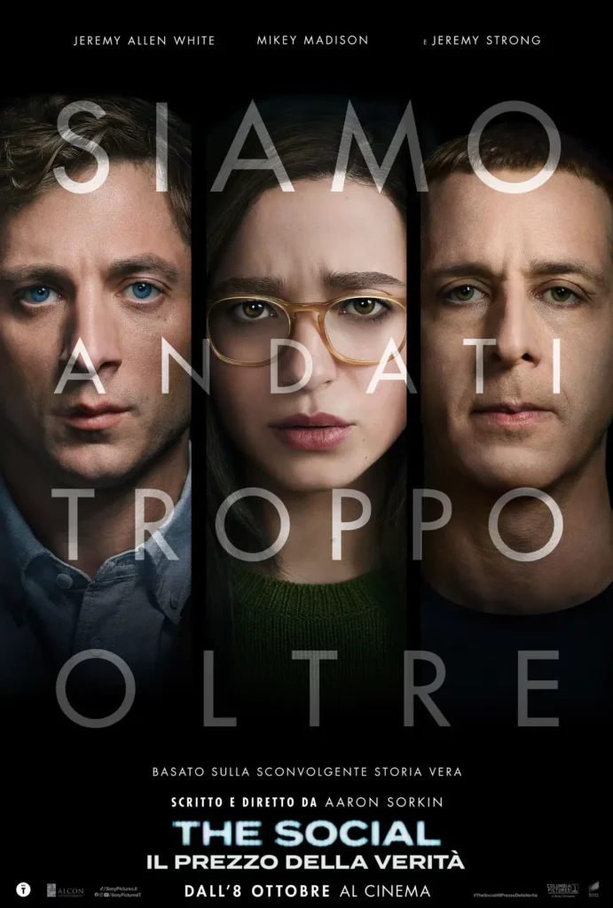 Locandina del film The Social: Il prezzo della verità con i volti di Jeremy Allen White, Mikey Madison e Jeremy Strong