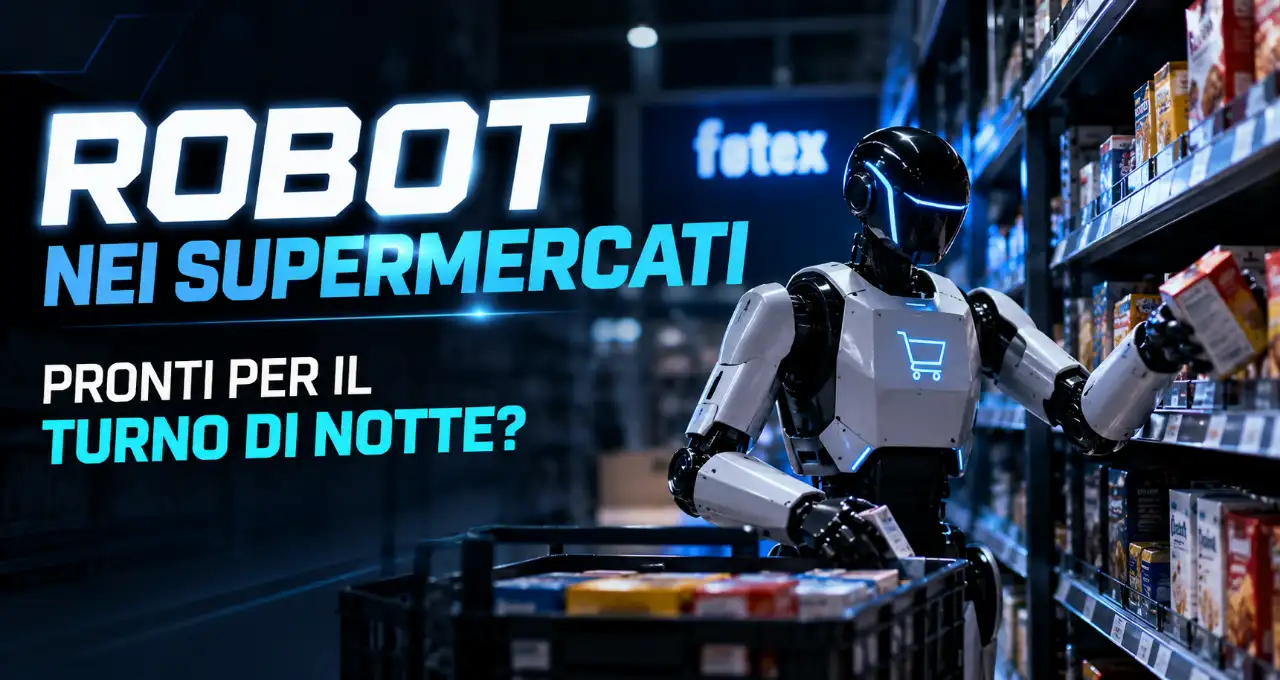 Un robot umanoide bianco con un carrello della spesa sul petto sistema prodotti sugli scaffali di un supermercato Føtex