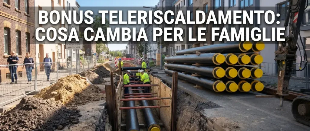 Operai con caschi e giubbotti gialli installano tubazioni nere in una trincea stradale mentre accanto sono impilate altre