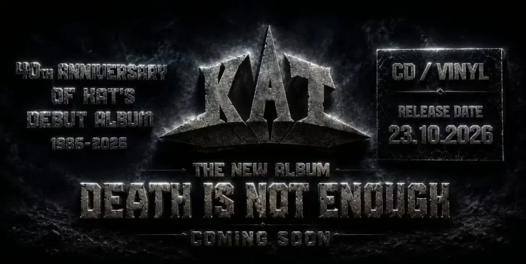 Logo metallico KAT al centro su sfondo nero, titolo in grosse lettere argentate DEATH IS NOT ENOUGH e a destra riquadro con