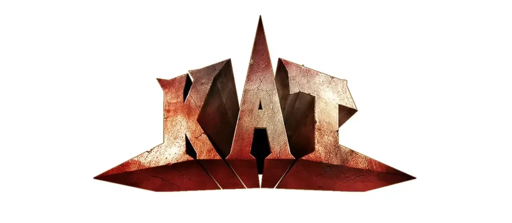 Logo metallizzato rosso-bruno con la scritta KAT in lettere spigolose e effetto crepe su sfondo bianco