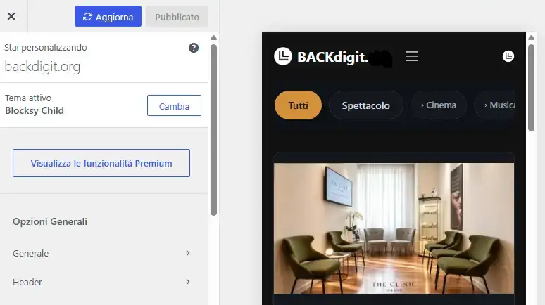 Schermata del Customizer di WordPress con il tema Blocksy Child che mostra l'anteprima mobile del sito BACKdigit Magazine